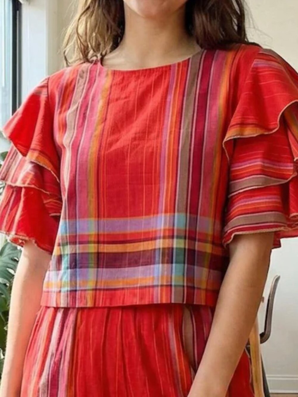 Vintage 70s Patti Cappalli Red Madras Plaid 100% Cotton Tiered Sleeve Top Large